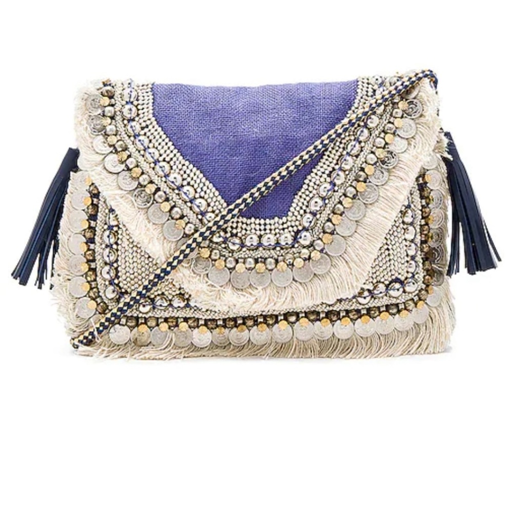 SHASHI Blue and Cream Embellished Bag